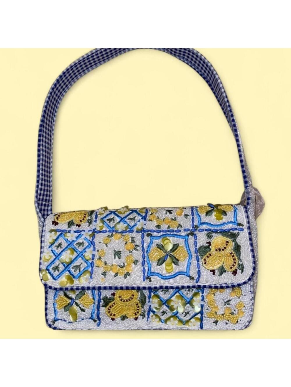 TikTok Viral Yellow and Blue Lemon Toile Tile Beaded Bag
